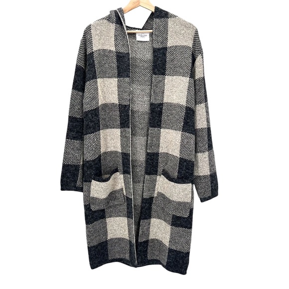 Carly Jean Los Angeles Sweaters - Carly Jean Los Angeles Buffalo Check Colorblock Hooded Duster Cardigan longline